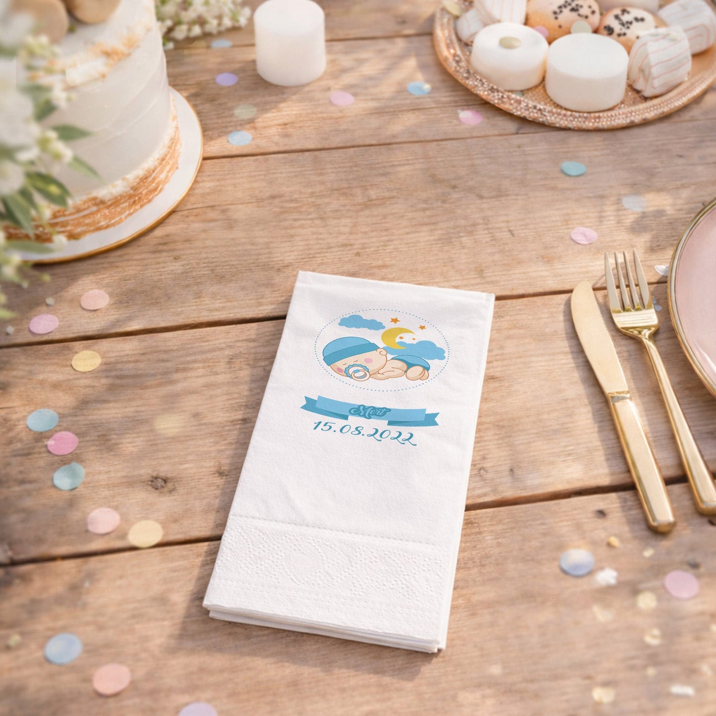 Mert İsme Özel Mavi Uyuyan Bebek Temalı Bebek Shower Peçetesi