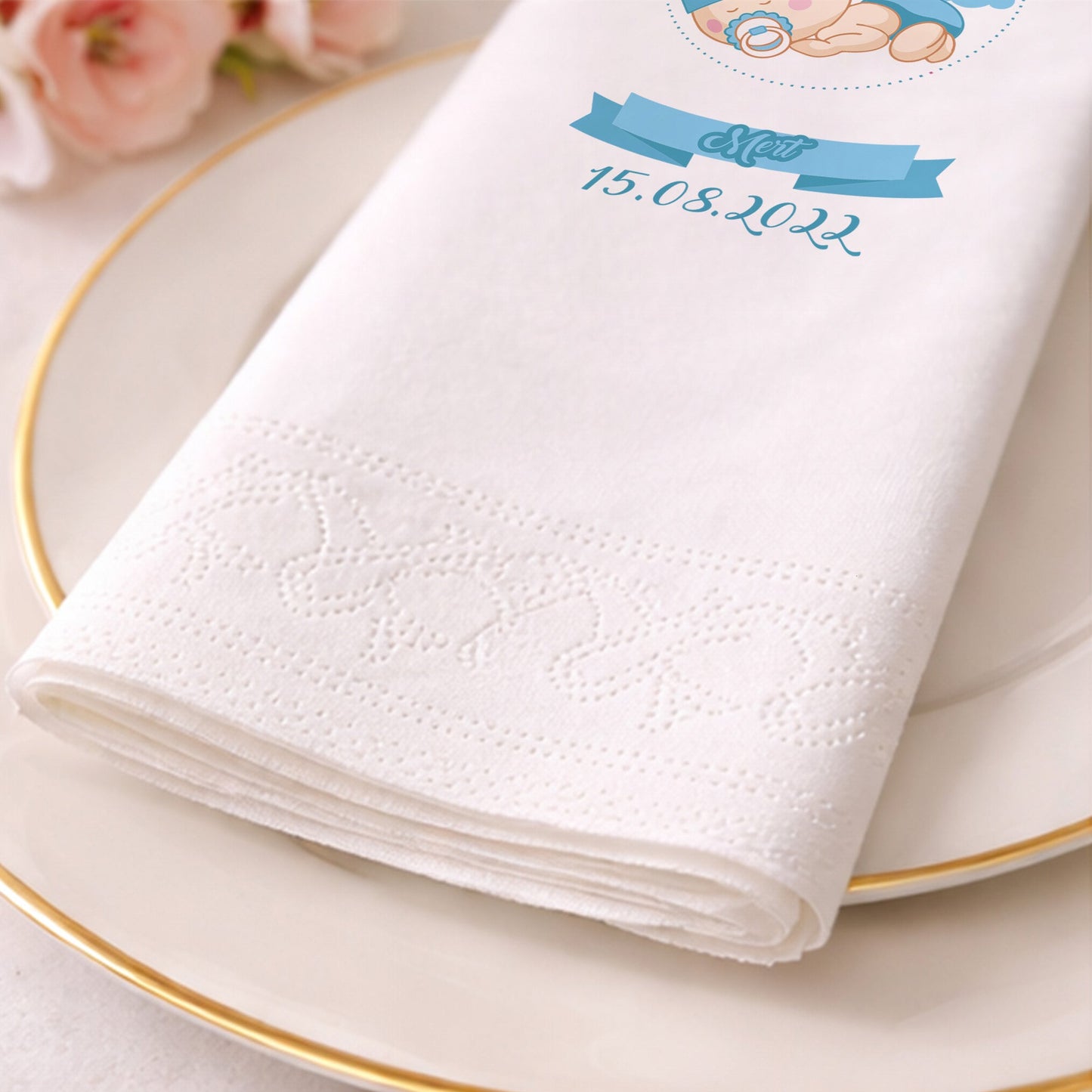 Mert İsme Özel Mavi Uyuyan Bebek Temalı Bebek Shower Peçetesi