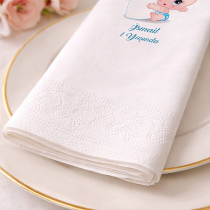 İsmail İsme Özel Mavi Biberonlu Bebek Temalı 1 Yaş Peçetesi