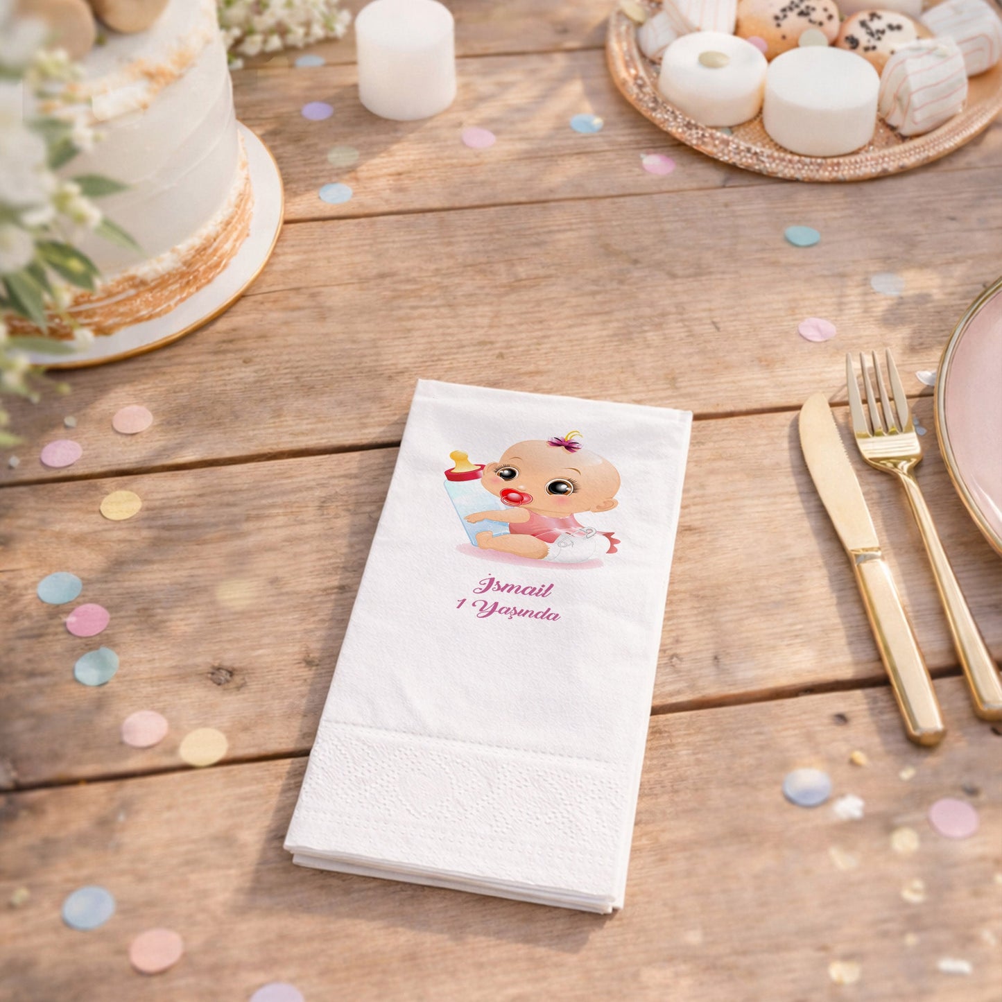 İsmail İsme Özel Biberonlu Kız Bebek Temalı 1 Yaş Peçetesi