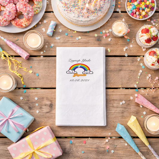 Zeynep Yade 1 Yaşında Tarihli Gökkuşağı Temalı Özel Peçete