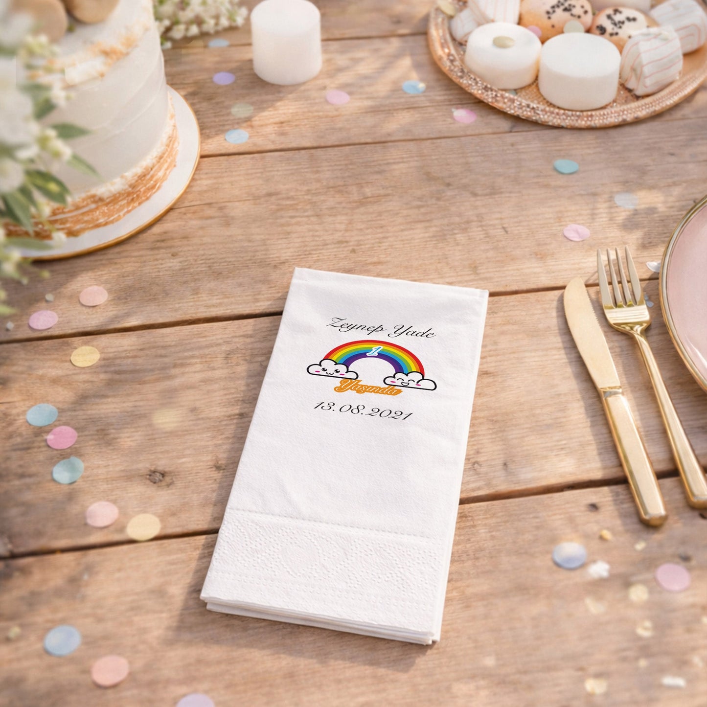 Zeynep Yade 1 Yaşında Tarihli Gökkuşağı Temalı Özel Peçete