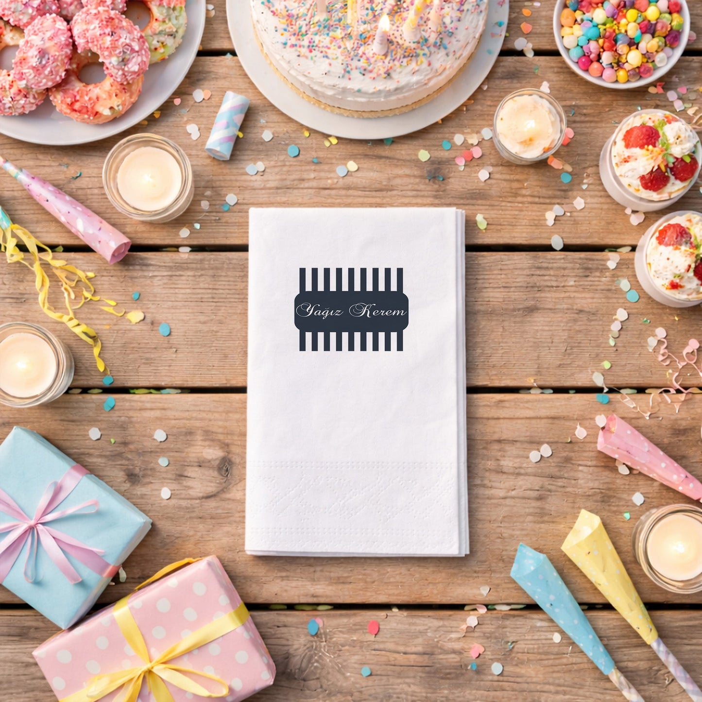Çizgili Modern Tasarım Yağız Kerem İsme Özel Parti Peçetesi