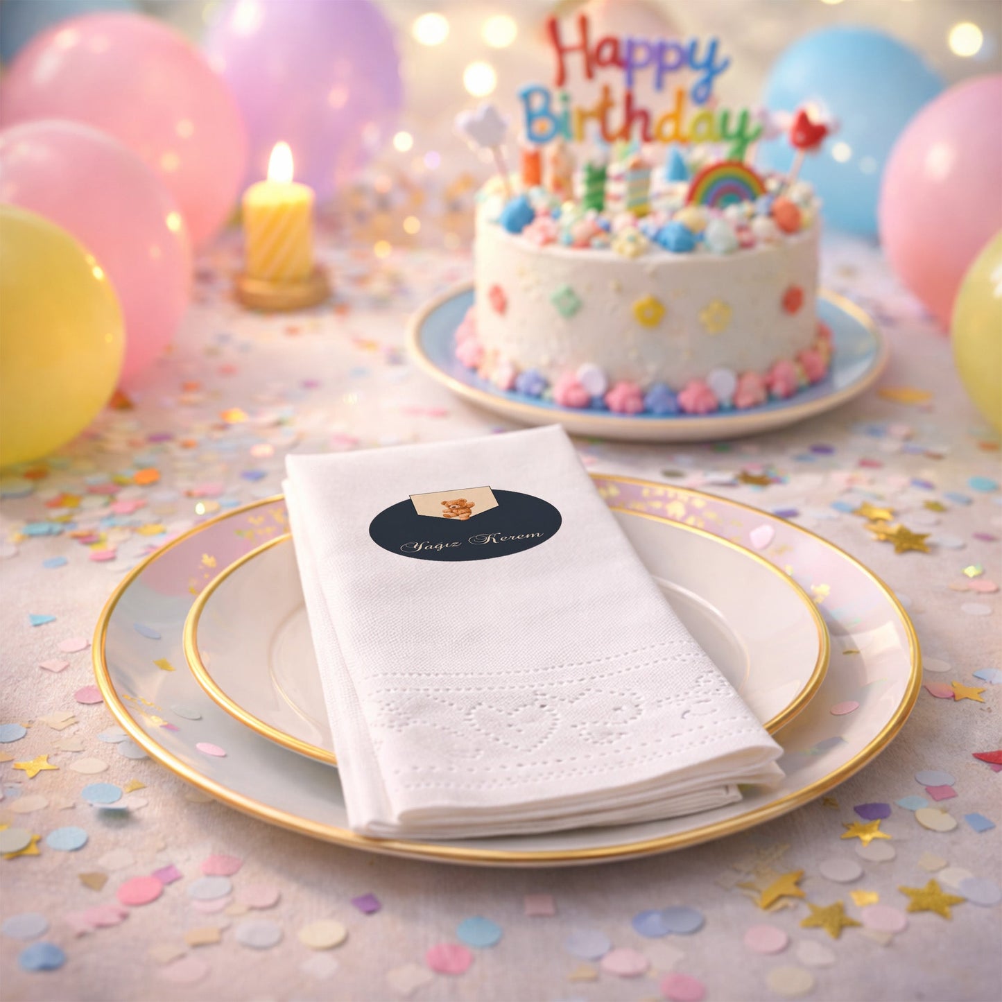 Yağız Kerem İsme Özel Teddy Bear Konseptli Lacivert Peçete