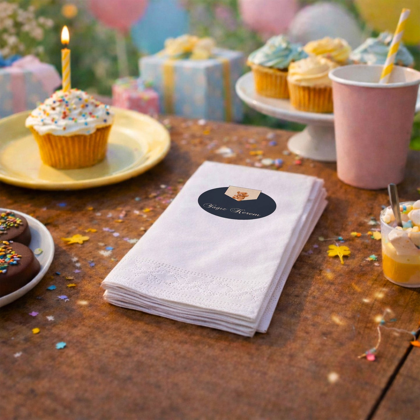 Yağız Kerem İsme Özel Teddy Bear Konseptli Lacivert Peçete