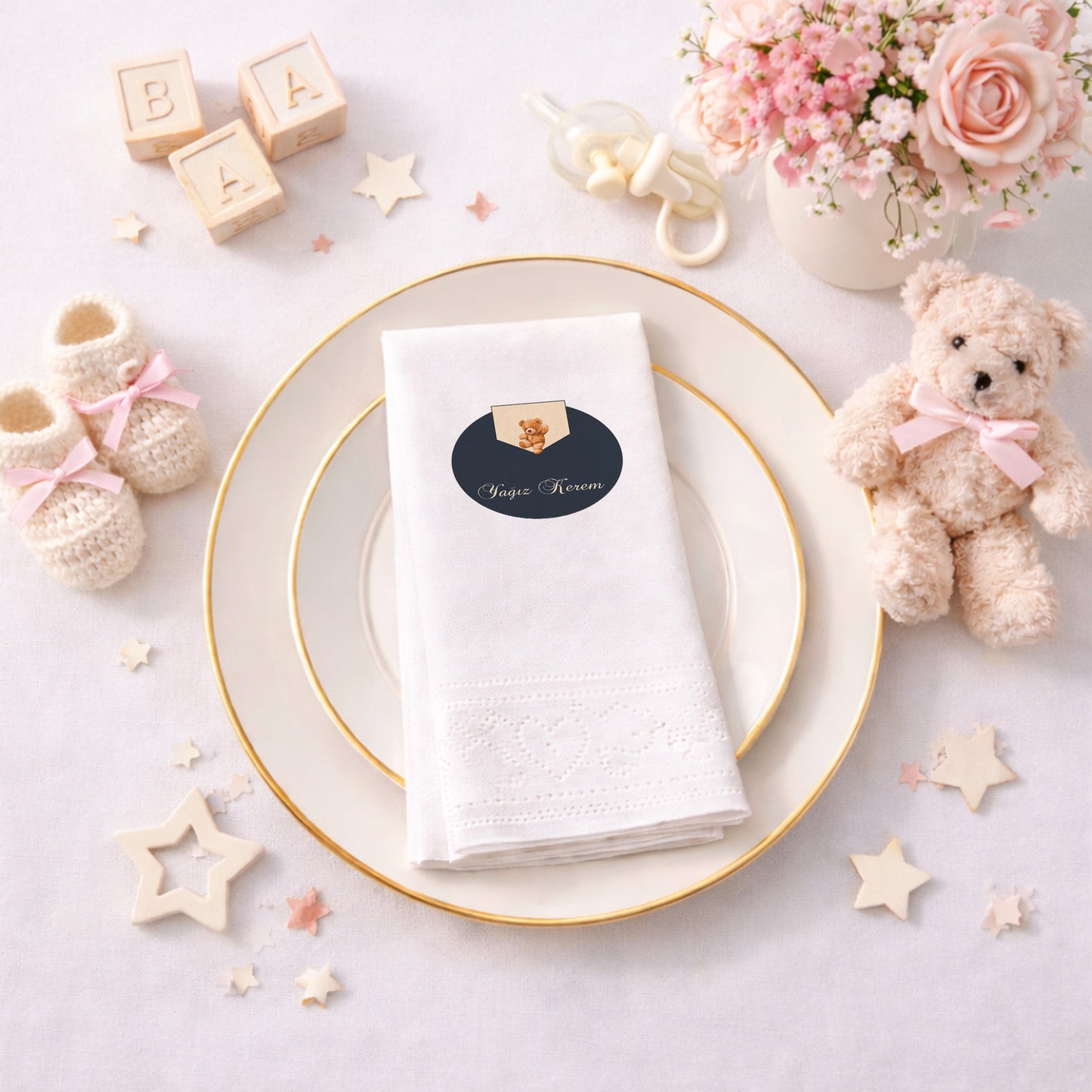 Yağız Kerem İsme Özel Teddy Bear Konseptli Lacivert Peçete