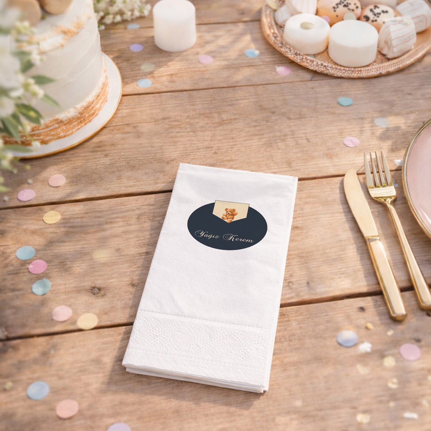 Yağız Kerem İsme Özel Teddy Bear Konseptli Lacivert Peçete