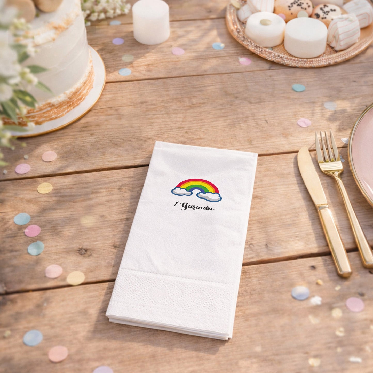 1 Yaşında Gökkuşağı Temalı İlk Yaş Kutlama Peçetesi