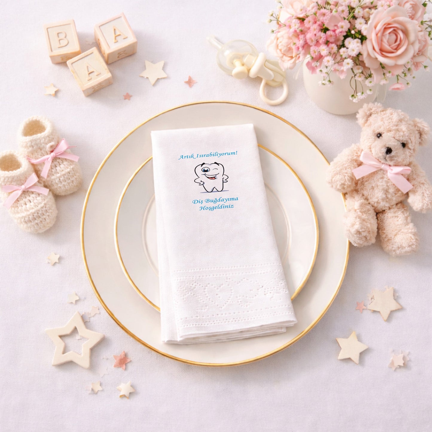 Mavi Diş Buğdayı Partisi Özel Tasarım Baskılı Bebek Peçetesi