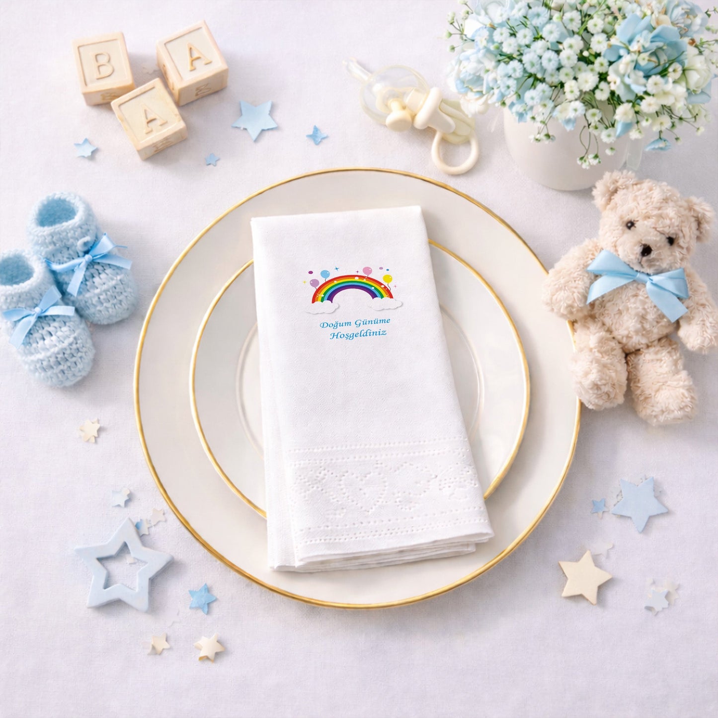 Gökkuşağı ve Renkli Balonlar Temalı Kutlama Peçetesi