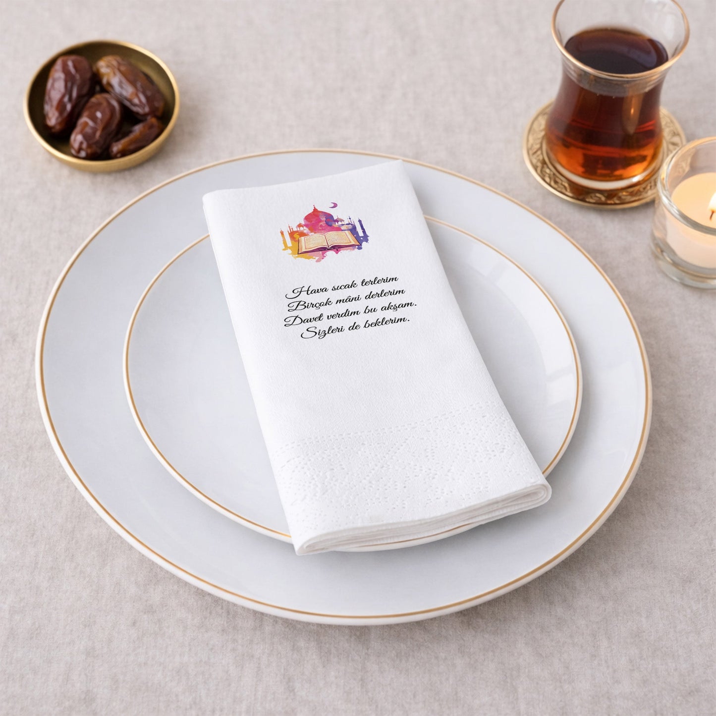 Kidzia Ramazan Kitap & Camii Silüeti Baskılı Peçete – Mani Yazılı, 33x33 cm Çift Katlı, 20’li Paket