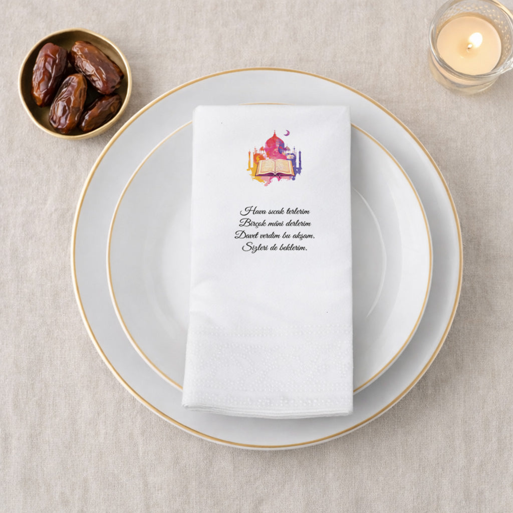 Kidzia Ramazan Kitap & Camii Silüeti Baskılı Peçete – Mani Yazılı, 33x33 cm Çift Katlı, 20’li Paket