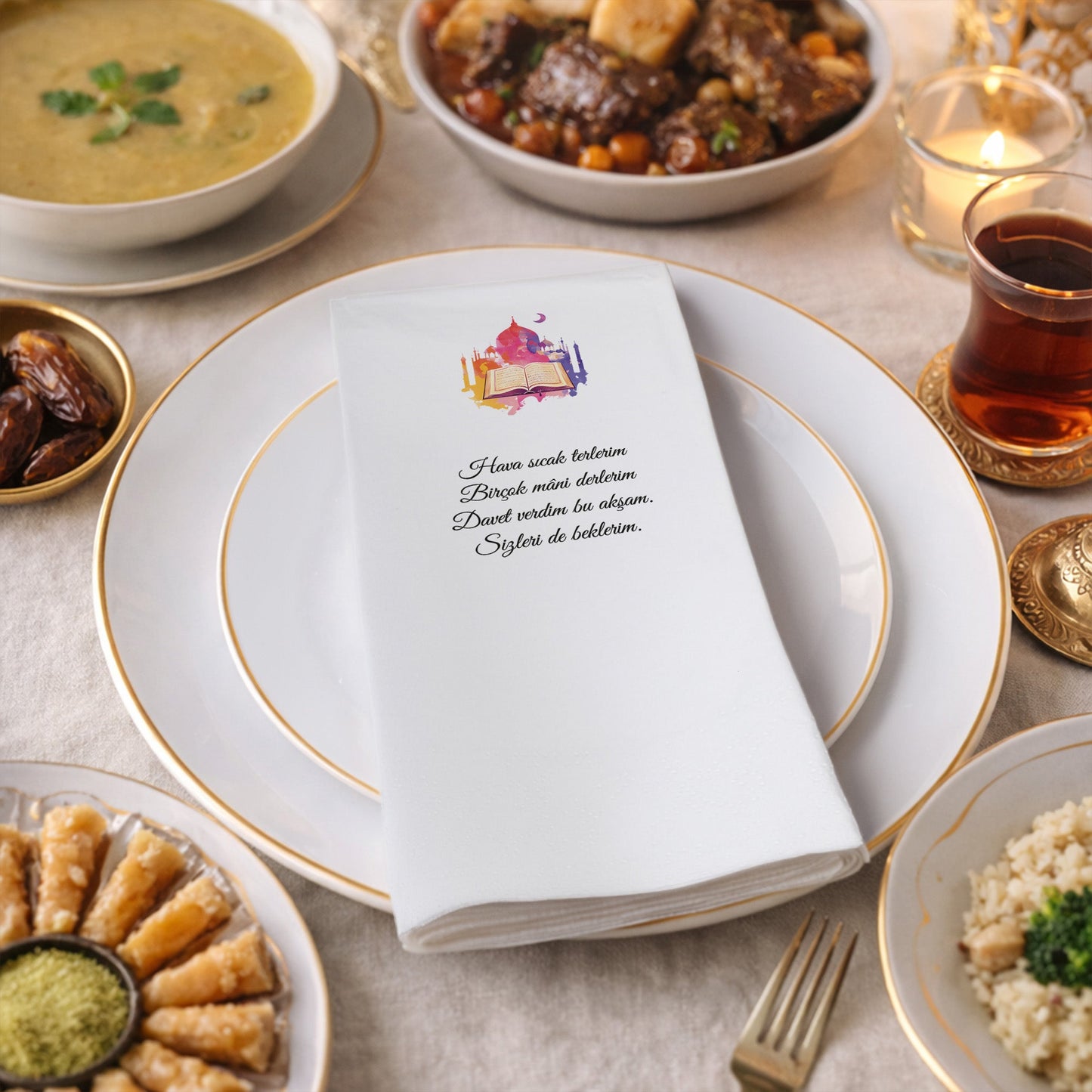 Kidzia Ramazan Kitap & Camii Silüeti Baskılı Peçete – Mani Yazılı, 33x33 cm Çift Katlı, 20’li Paket