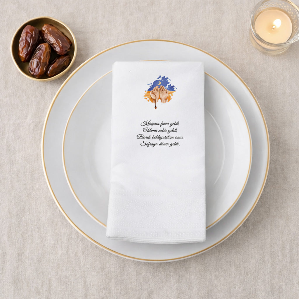 Ramazan Dua Temalı Yazılı ve Desenli Baskılı Peçete – İftar & Sahur Sofrası, 33x33cm, 20’li Paket