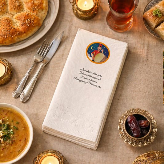 Kidzia Ramazan Davulcusu Yuvarlak Motif Baskılı Peçete – Mani Yazılı, 33x33 cm Çift Katlı, 20’li Paket