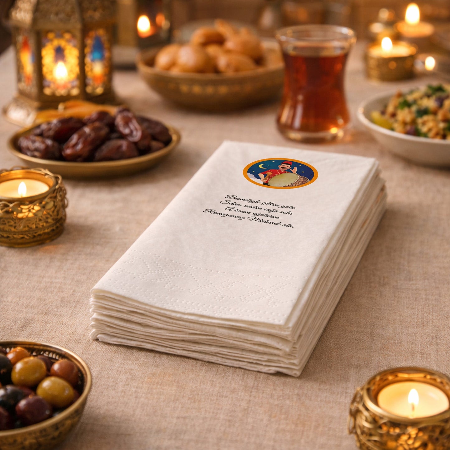 Kidzia Ramazan Davulcusu Yuvarlak Motif Baskılı Peçete – Mani Yazılı, 33x33 cm Çift Katlı, 20’li Paket