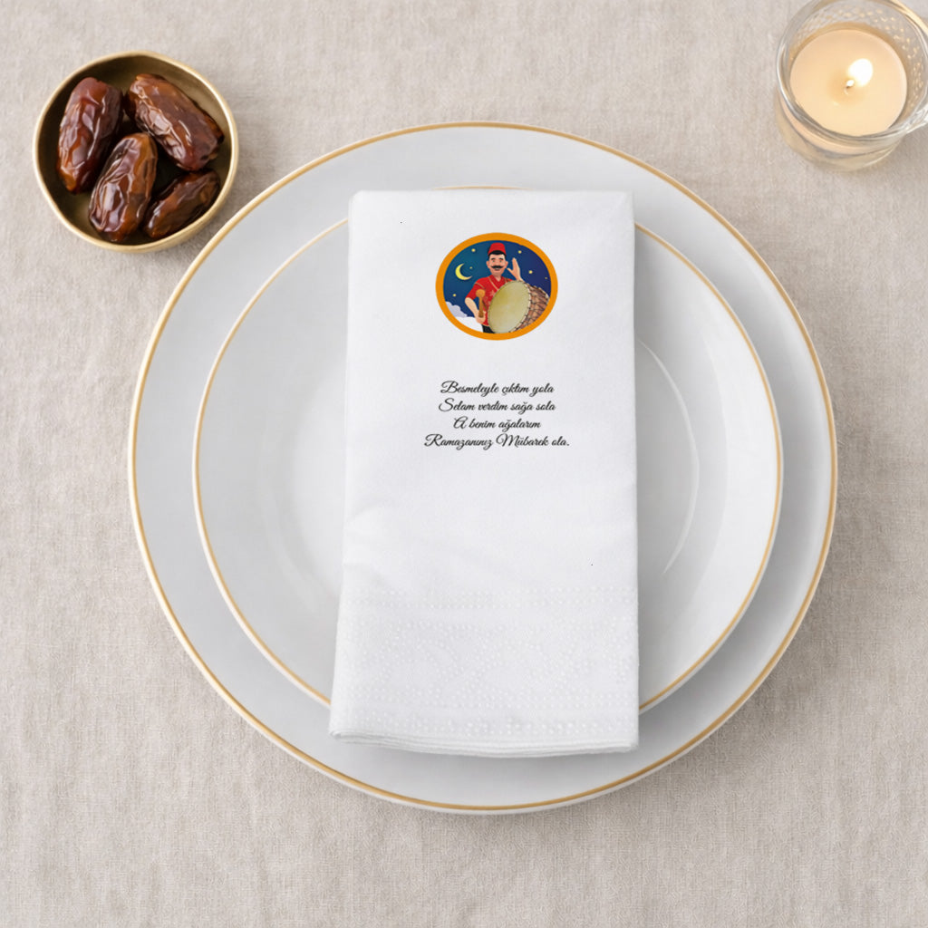 Kidzia Ramazan Davulcusu Yuvarlak Motif Baskılı Peçete – Mani Yazılı, 33x33 cm Çift Katlı, 20’li Paket