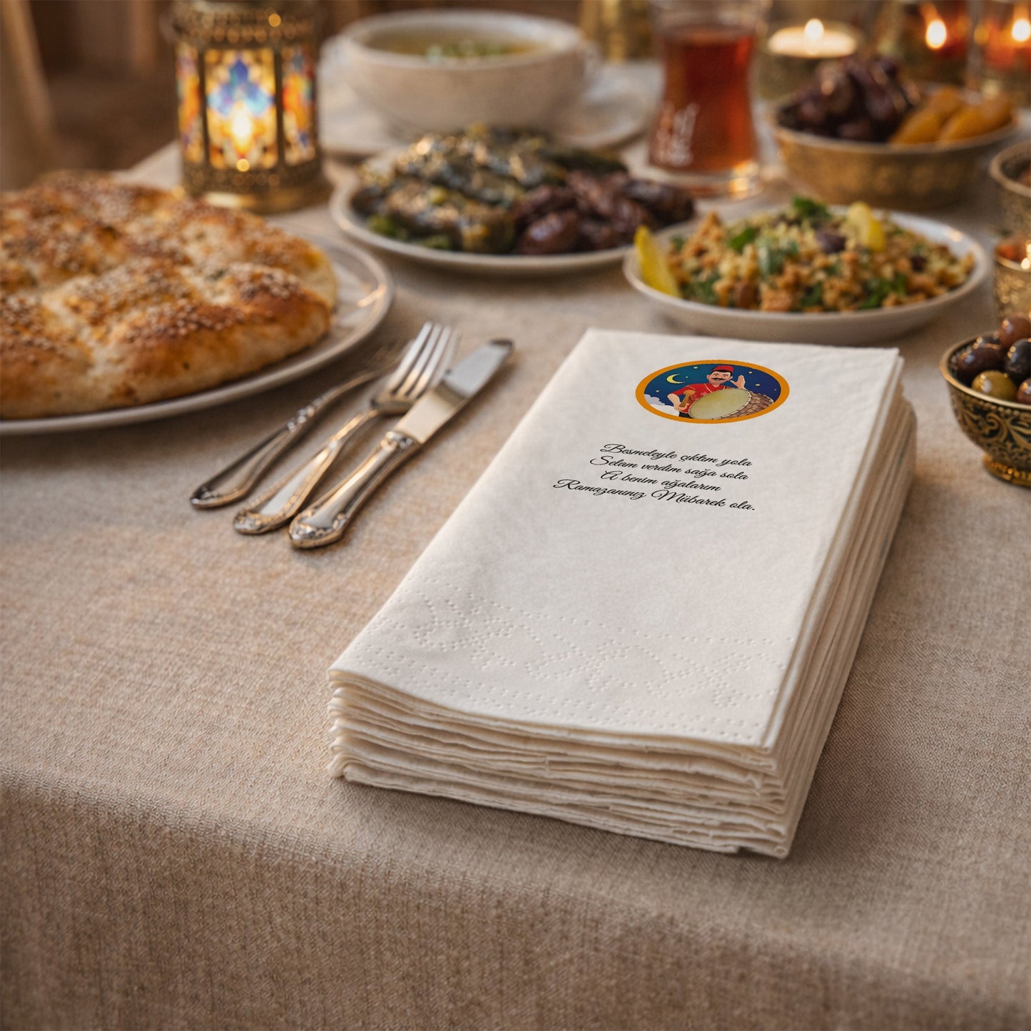 Kidzia Ramazan Davulcusu Yuvarlak Motif Baskılı Peçete – Mani Yazılı, 33x33 cm Çift Katlı, 20’li Paket