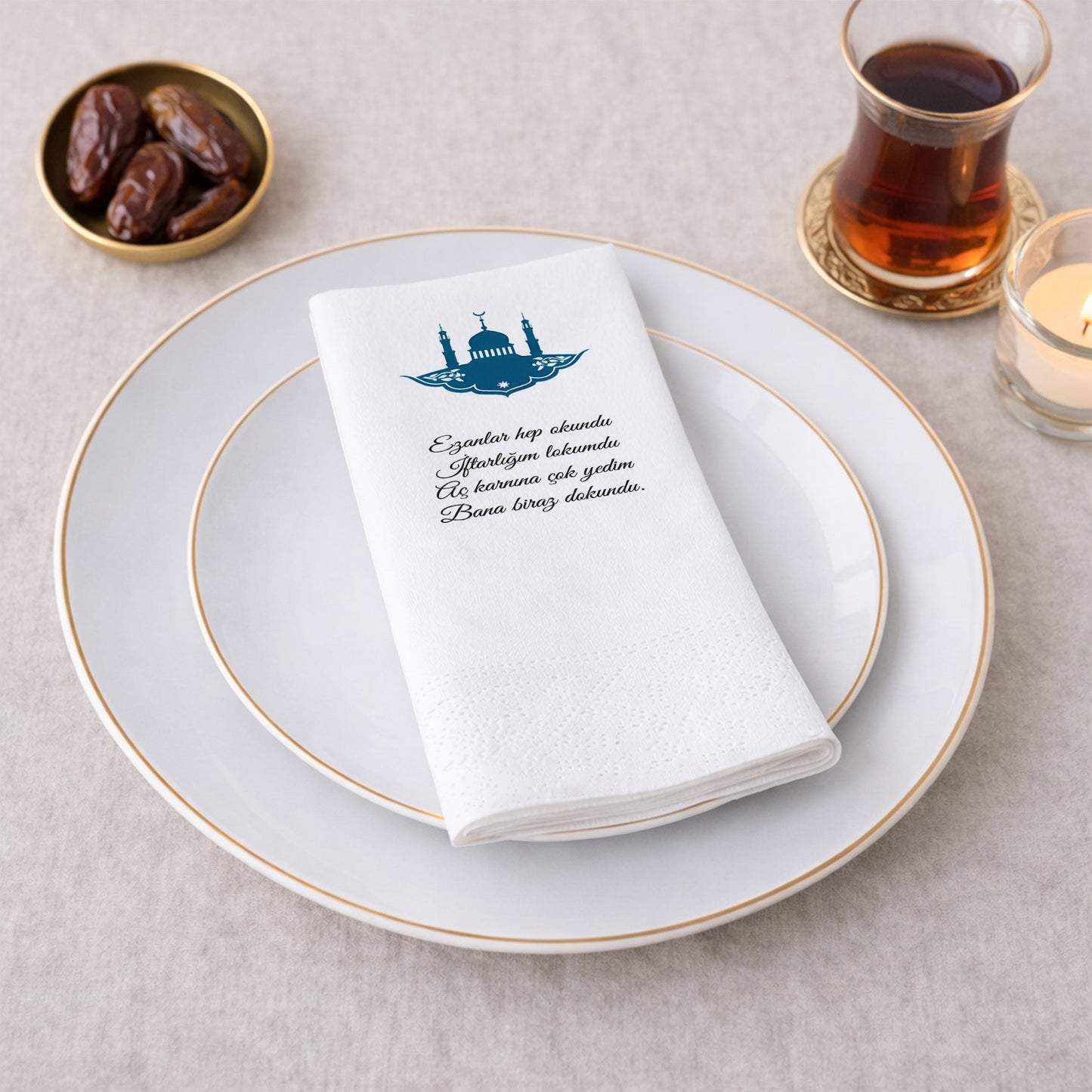 Kidzia Camii Silüeti Ramazan Peçetesi – Mani Yazılı, 33x33 cm Çift Katlı, 20’li Paket