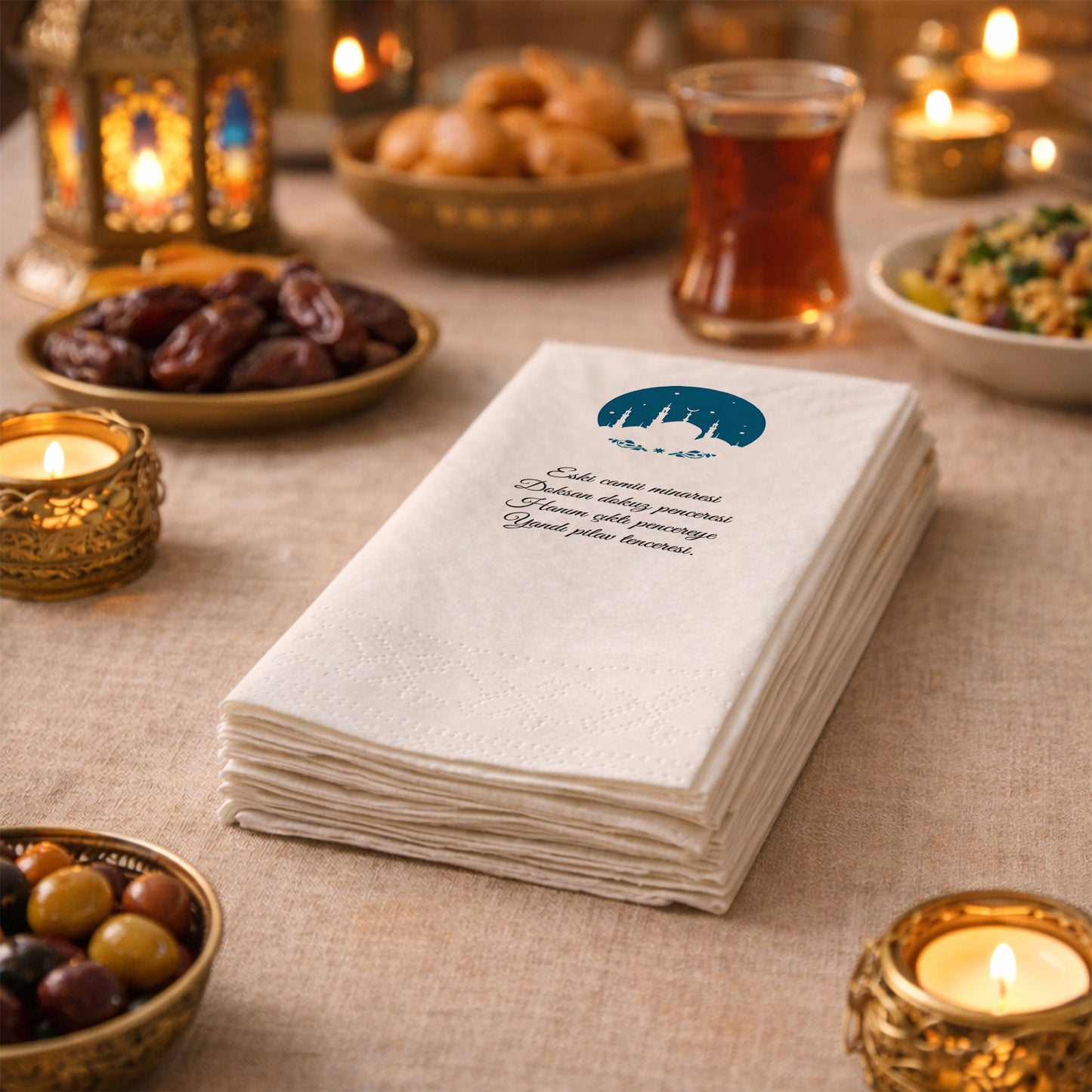 Kidzia Yuvarlak Camii Silüeti Ramazan Peçetesi – Mani Yazılı, 33x33 cm Çift Katlı, 20’li Paket