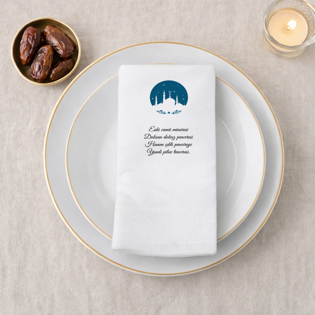 Kidzia Yuvarlak Camii Silüeti Ramazan Peçetesi – Mani Yazılı, 33x33 cm Çift Katlı, 20’li Paket
