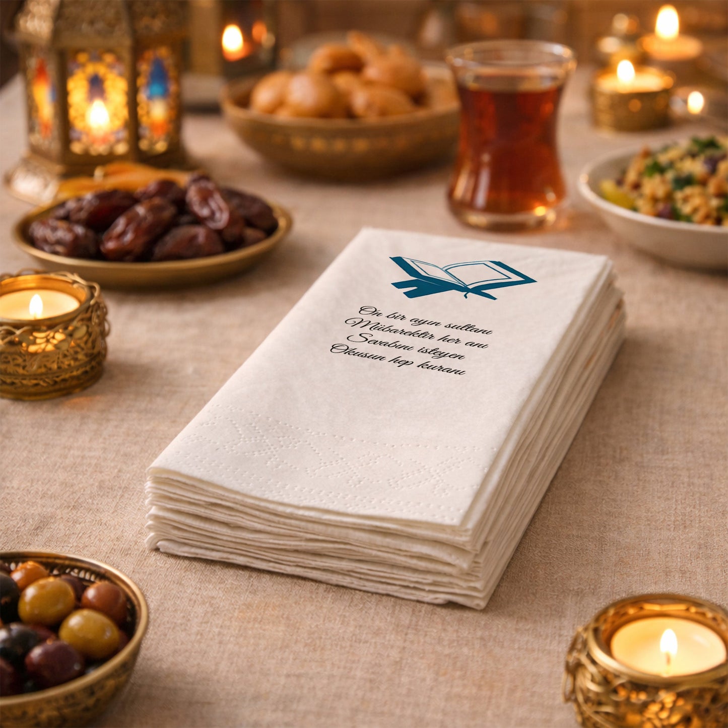 Kidzia Kur’an-ı Kerim Silüeti Ramazan Peçetesi – Mani Yazılı, 33x33 cm Çift Katlı, 20’li Paket