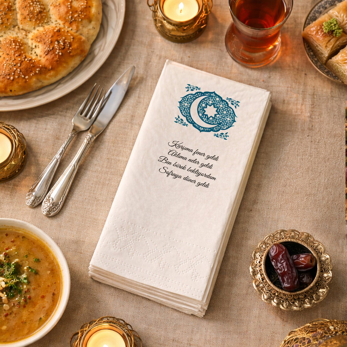 Kidzia Hilal & Camii Silüeti Mandala Ramazan Peçetesi – Mani Yazılı, 33x33 cm Çift Katlı, 20’li Paket