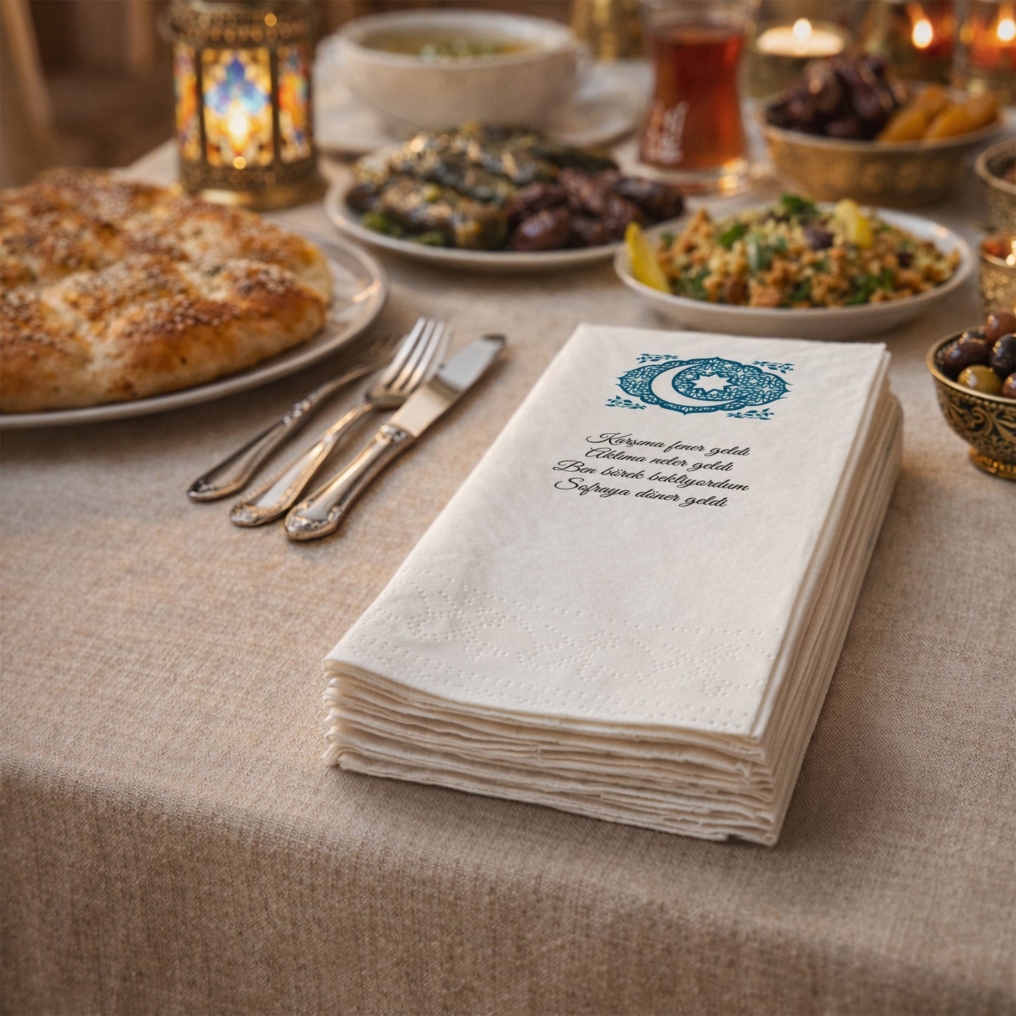 Kidzia Hilal & Camii Silüeti Mandala Ramazan Peçetesi – Mani Yazılı, 33x33 cm Çift Katlı, 20’li Paket