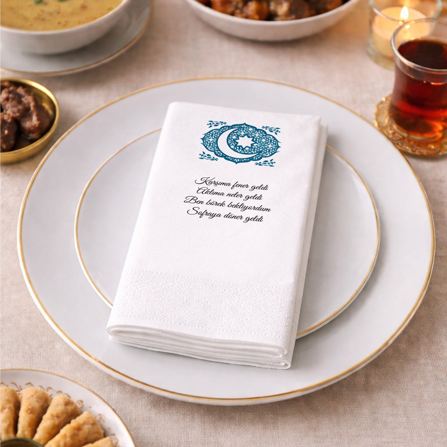 Kidzia Hilal & Camii Silüeti Mandala Ramazan Peçetesi – Mani Yazılı, 33x33 cm Çift Katlı, 20’li Paket