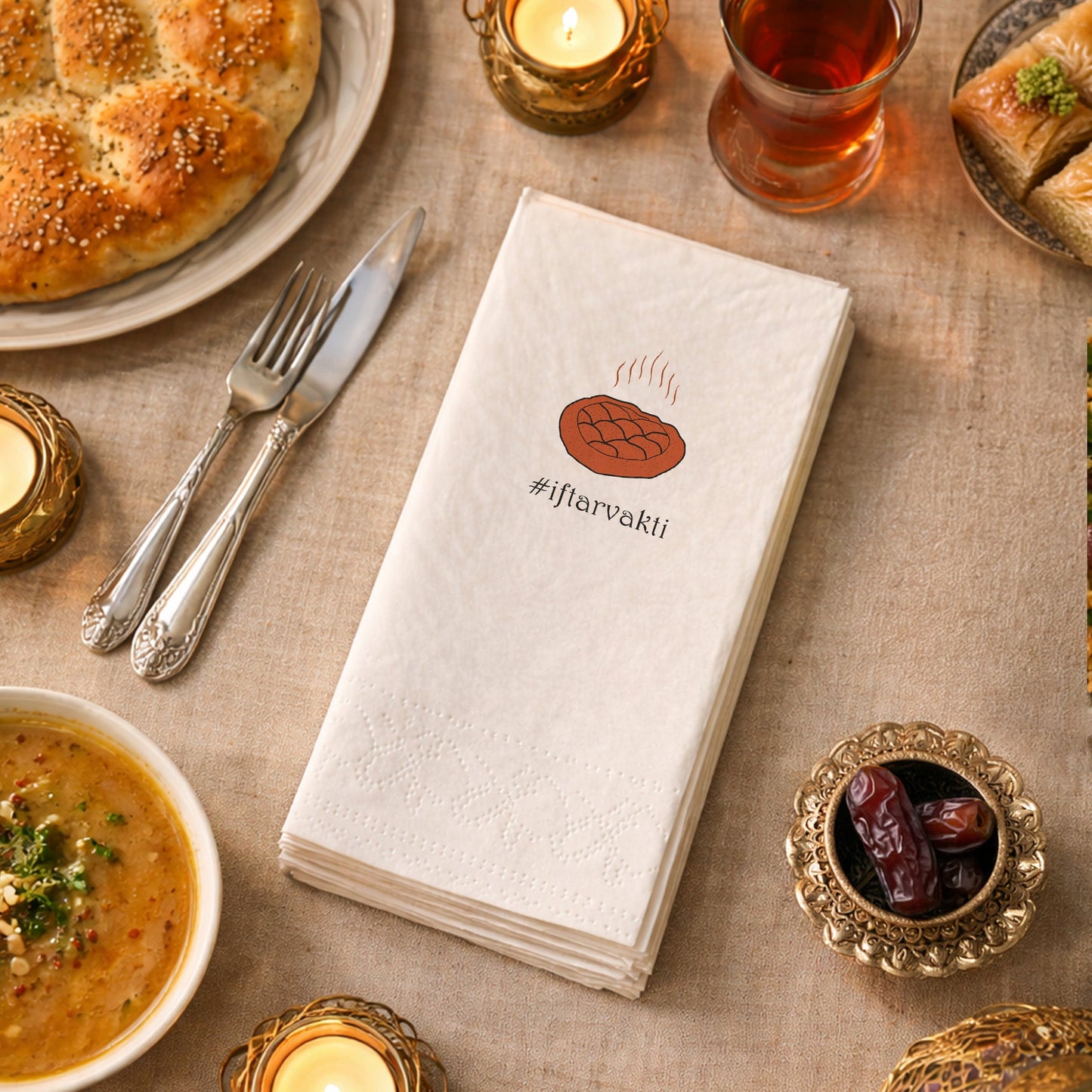 Kidzia İftar Pidesi İlustrasyonlu Ramazan Peçetesi – #iftarvakti Tasarım, 33x33 cm Çift Katlı, 20’li Paket