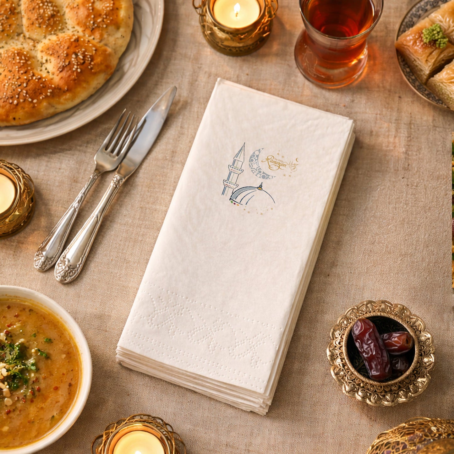 Kidzia Ramadan Kareem Camii Çizimli Ramazan Peçetesi – 33x33 cm Çift Katlı, 20’li Paket