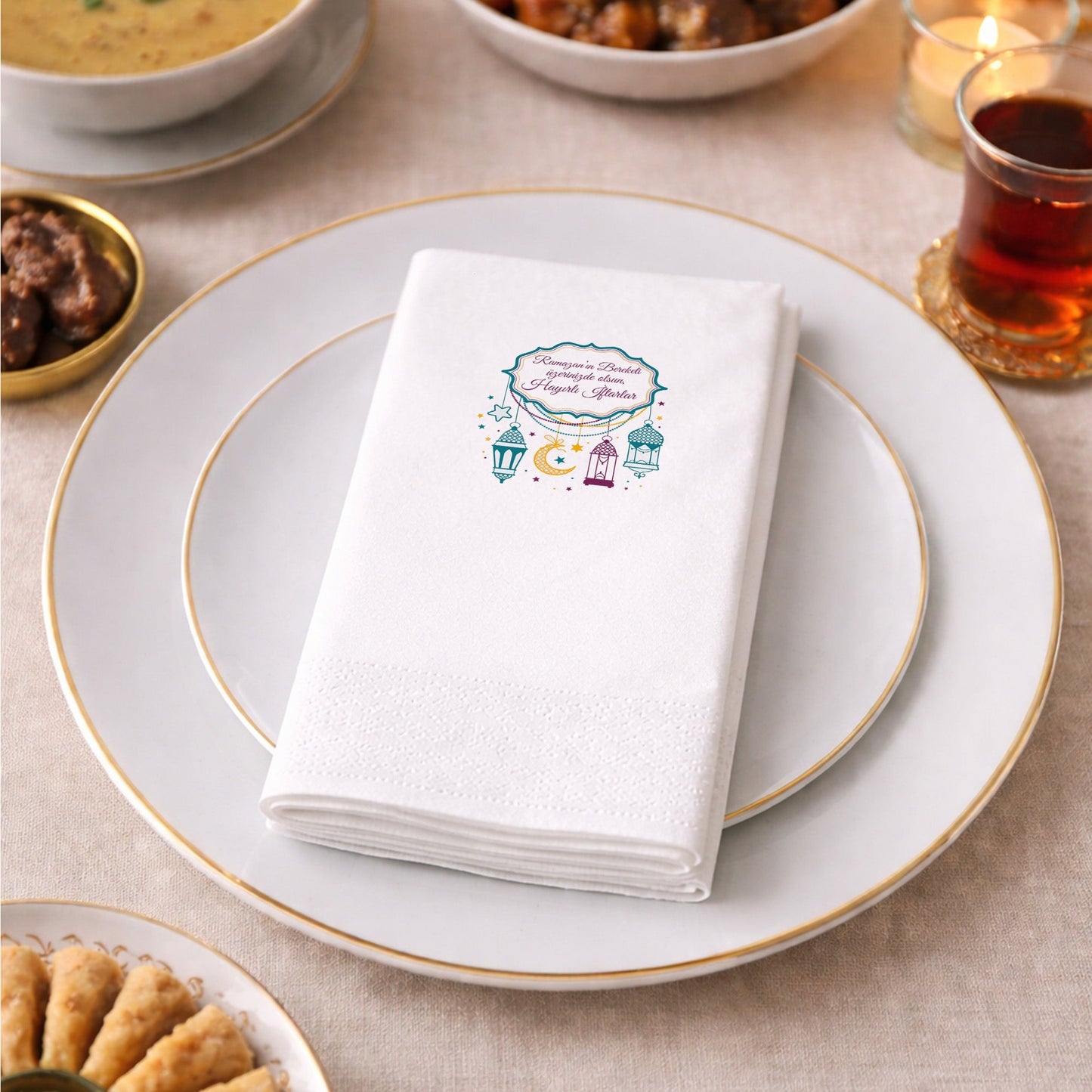 Kidzia Fenerli & Ay-Yıldızlı Çerçeve Ramazan Peçetesi – Yazılı Tasarım, 33x33 cm Çift Katlı, 20’li Paket