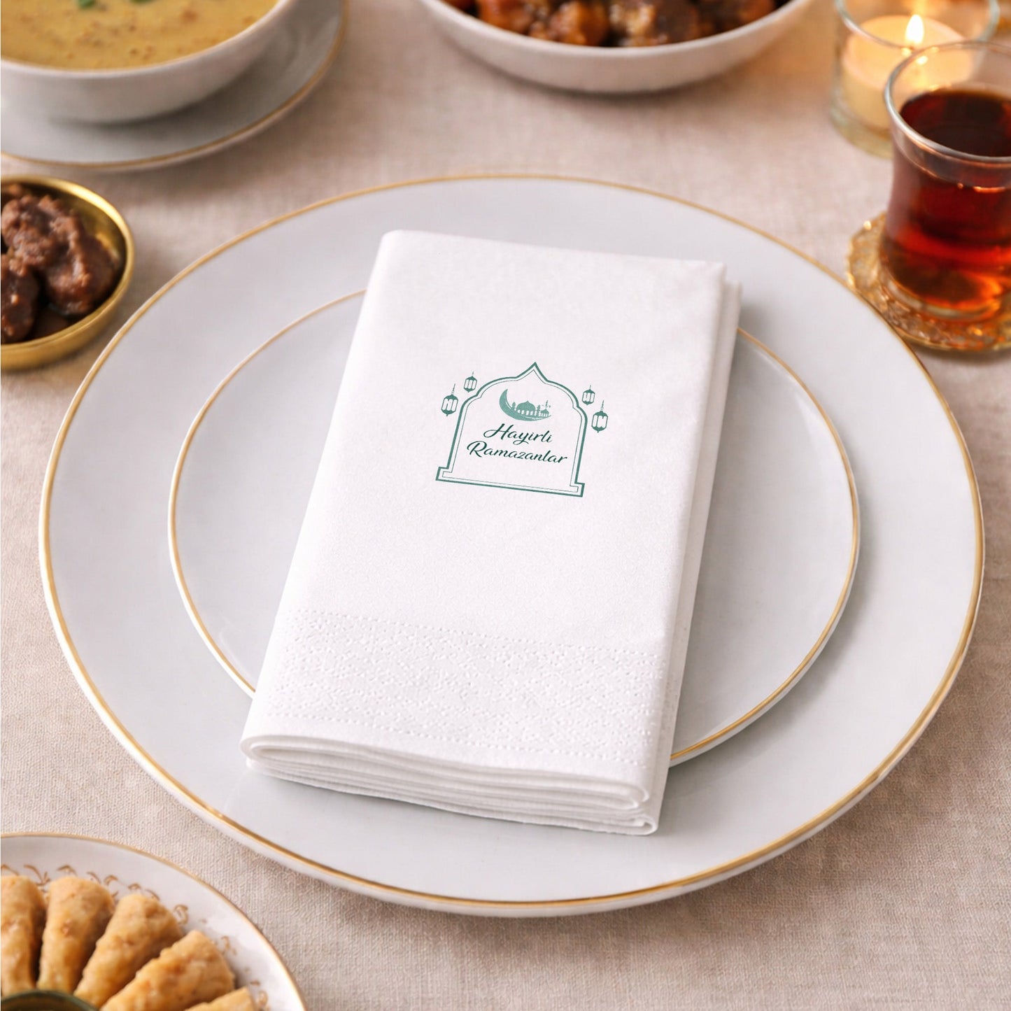 Ramazan Desenli Baskılı Peçete – Hayırlı Ramazanlar Yazılı, Çift Katlı 33x33 cm (20’li Paket)