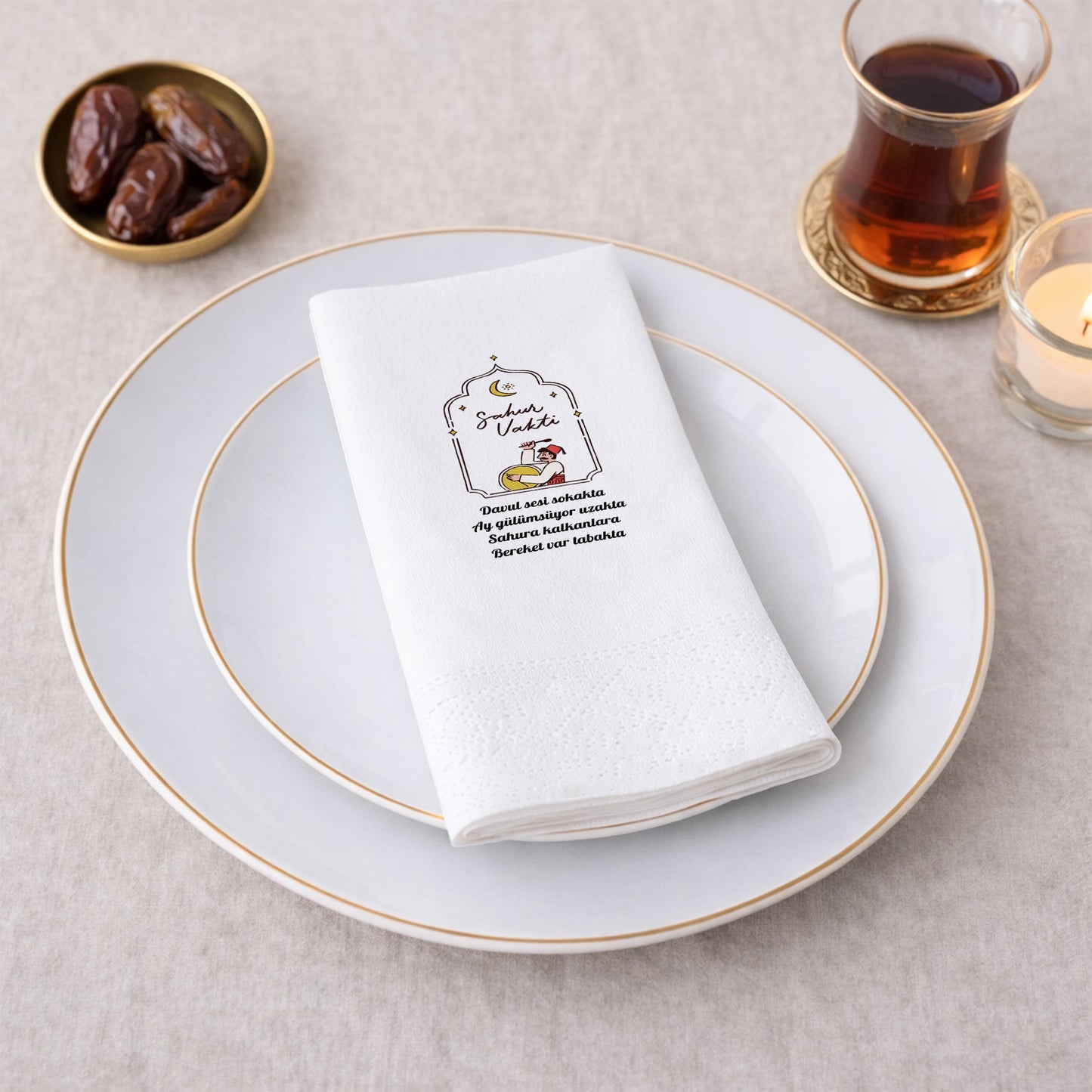 Sahur Vakti Ramazan Desenli Baskılı Peçete – Davulcu Manili | 33x33 cm Çift Katlı