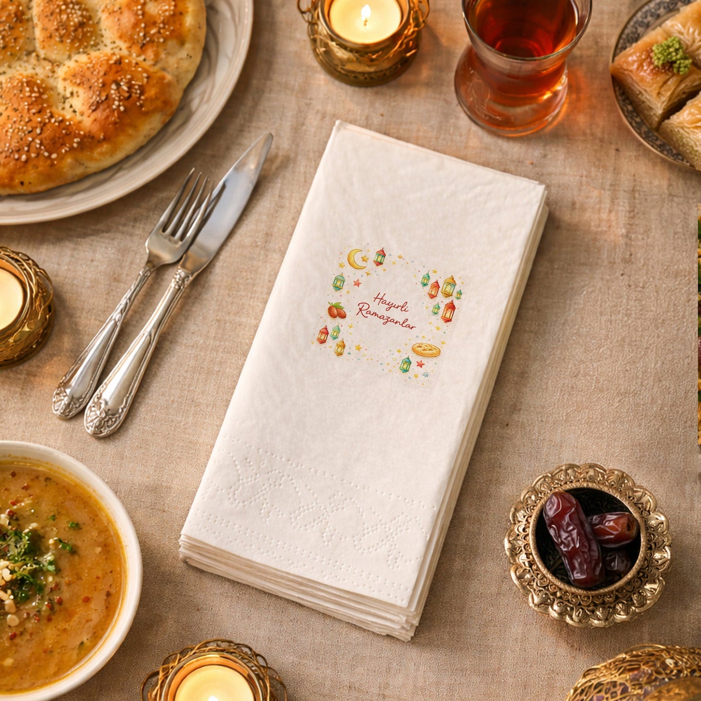 Hayırlı Ramazanlar Baskılı Peçete – Fener & Hilal Desenli | 33x33 cm Çift Katlı