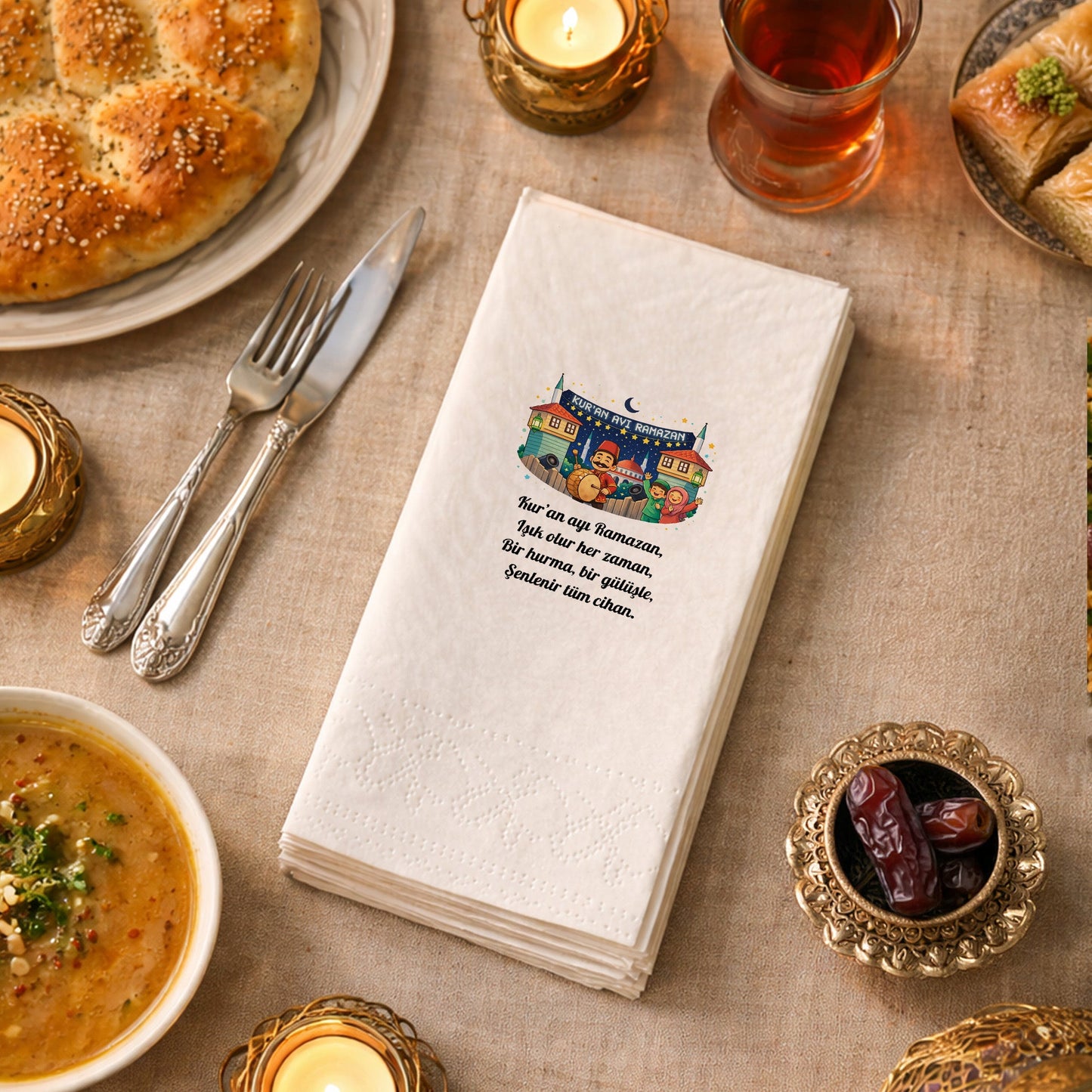 Kur’an Ayı Ramazan Baskılı Peçete – Mani & Çocuklu Ramazan Temalı | 33x33 cm