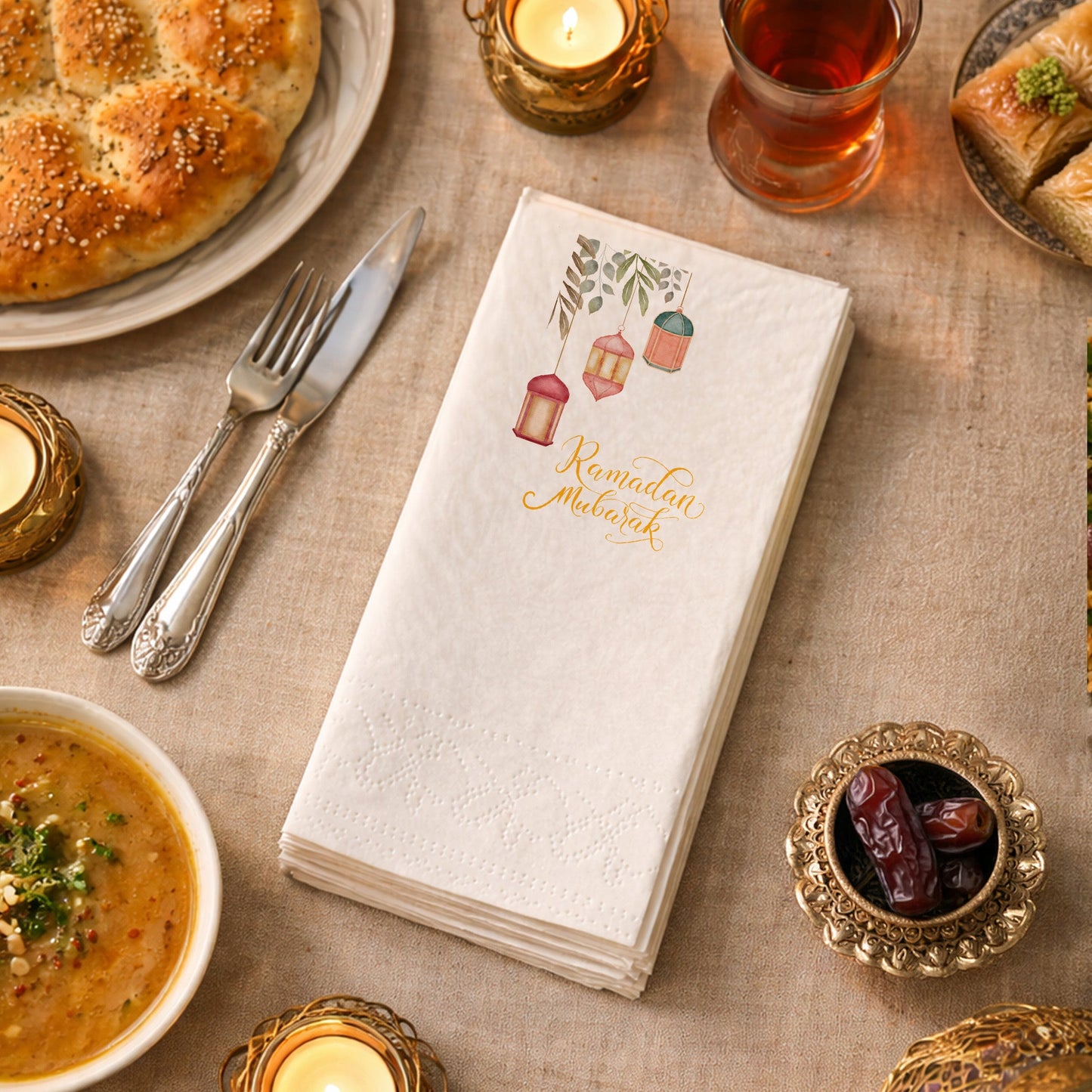 Ramadan Mubarak Baskılı Peçete – Suluboya Fener Desenli | 33x33 cm Çift Katlı