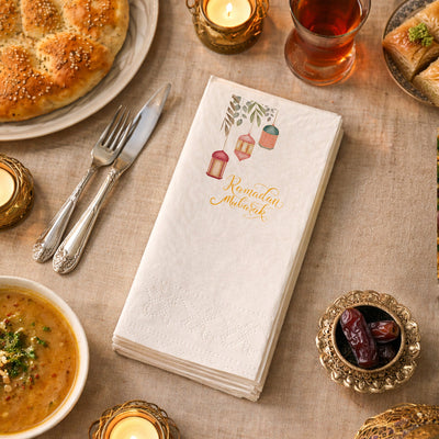 Ramadan Mubarak Baskılı Peçete – Suluboya Fener Desenli | 33x33 cm Çift Katlı