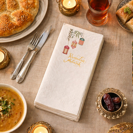 Ramadan Mubarak Baskılı Peçete – Suluboya Fener Desenli | 33x33 cm Çift Katlı
