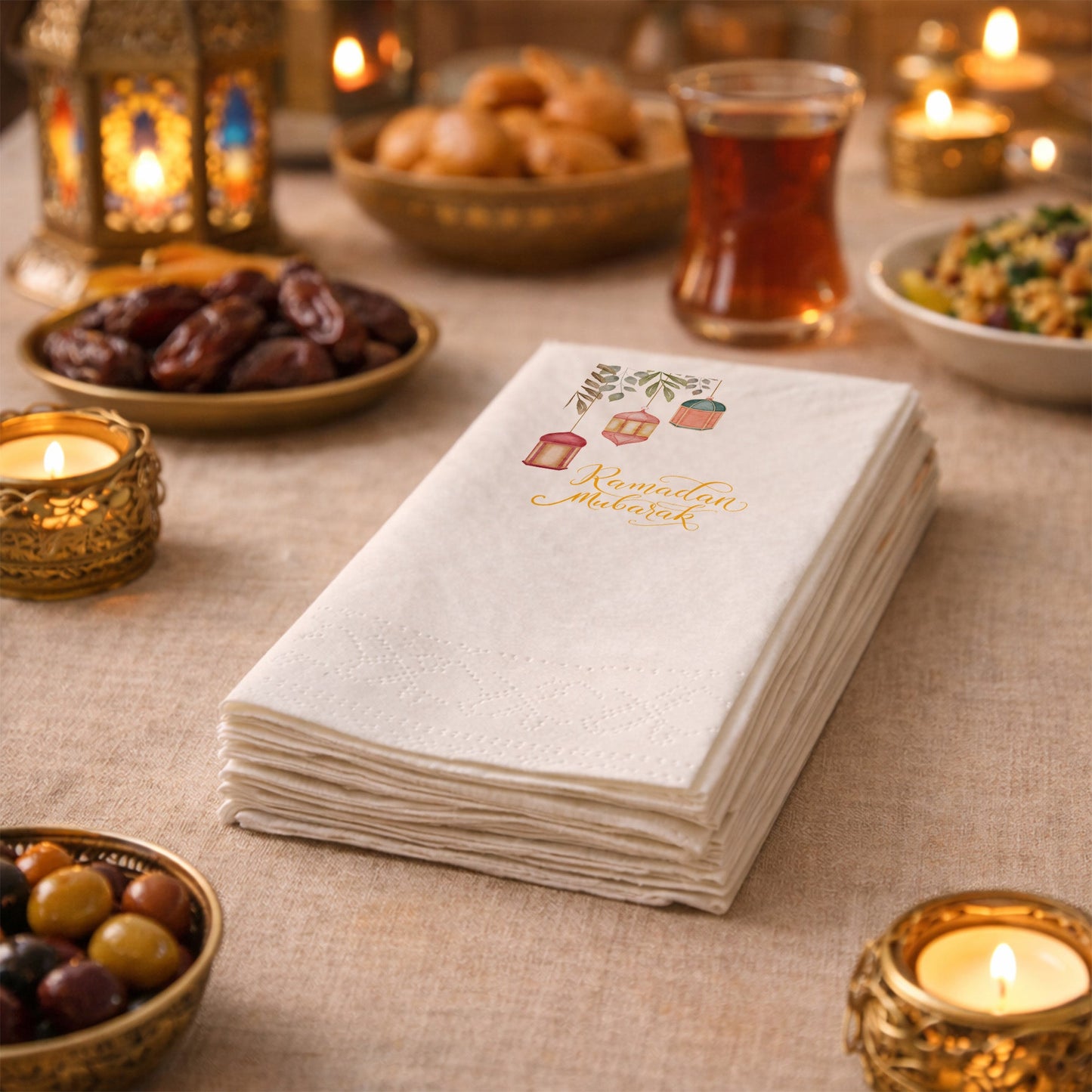 Ramadan Mubarak Baskılı Peçete – Suluboya Fener Desenli | 33x33 cm Çift Katlı