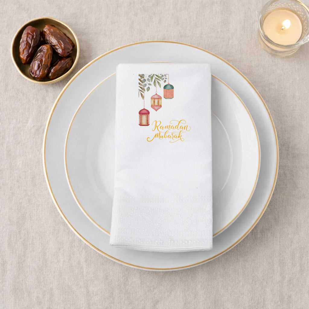 Ramadan Mubarak Baskılı Peçete – Suluboya Fener Desenli | 33x33 cm Çift Katlı