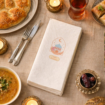 Hayırlı Ramazanlar Baskılı Peçete – Pastel Cami & Hilal Desenli | 33x33 cm