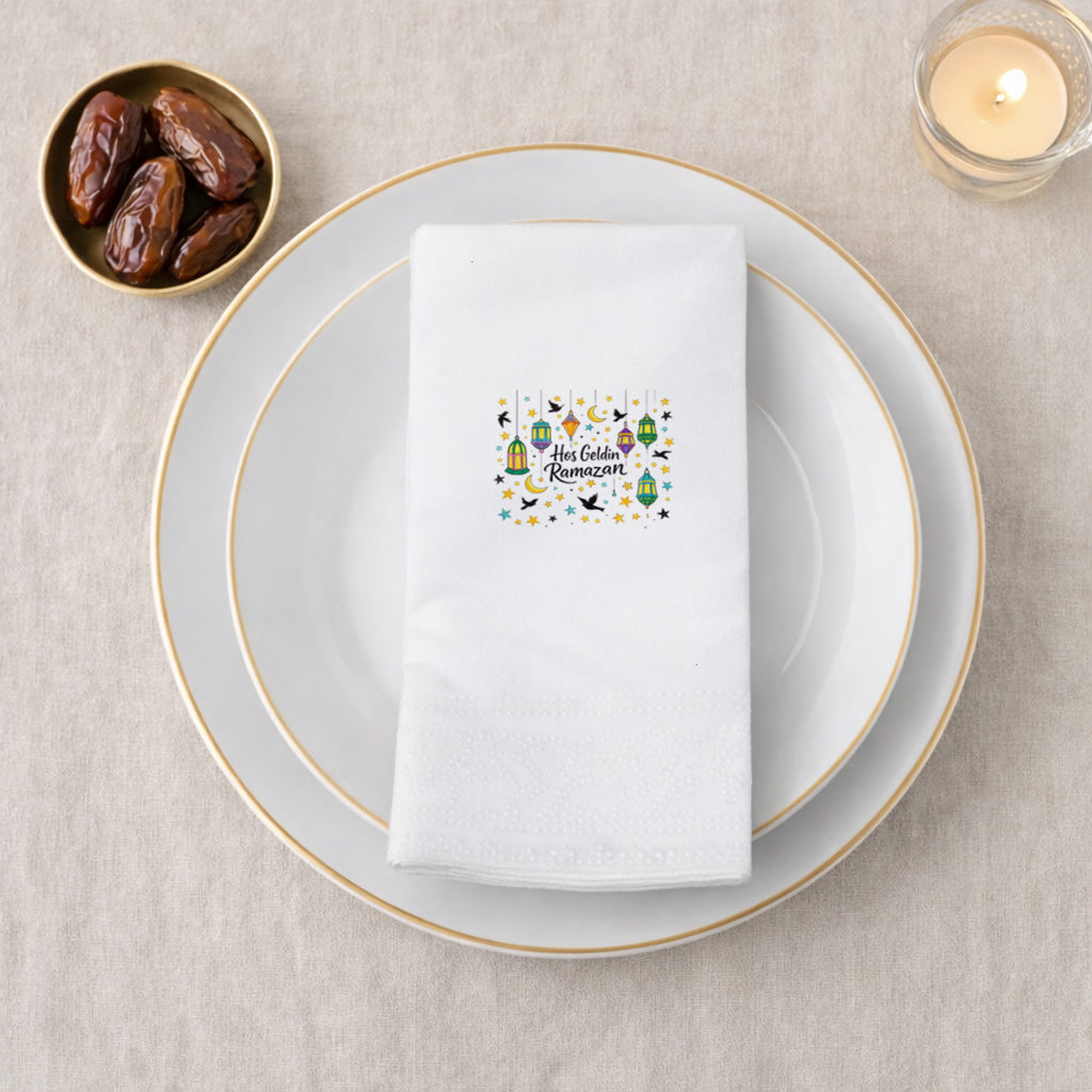 Hoş Geldin Ramazan Baskılı Peçete – Renkli Fener & Yıldız Desenli | 33x33 cm