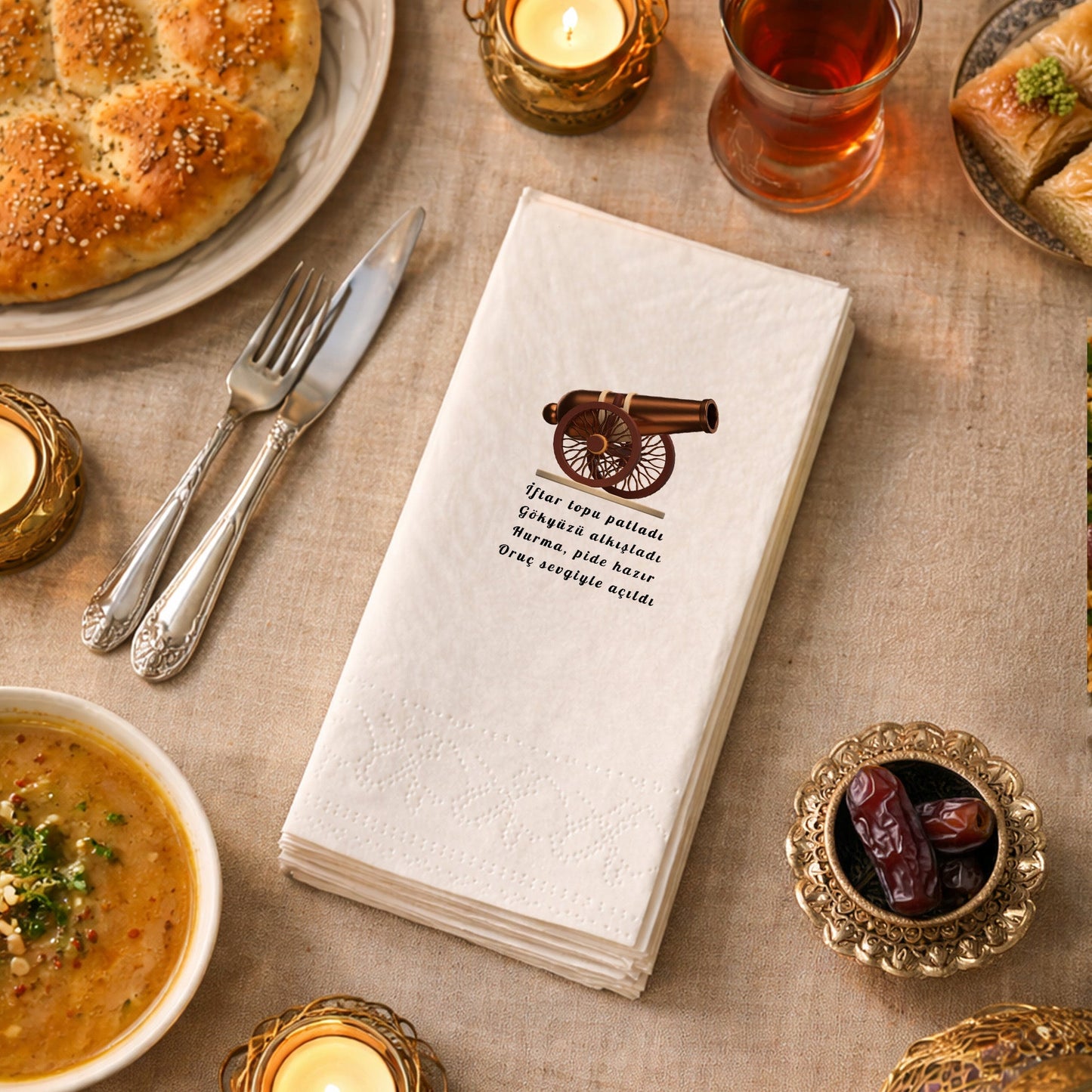 İftar Topu Desenli Mani Yazılı Ramazan Peçetesi – Geleneksel Tasarım | 33x33 cm
