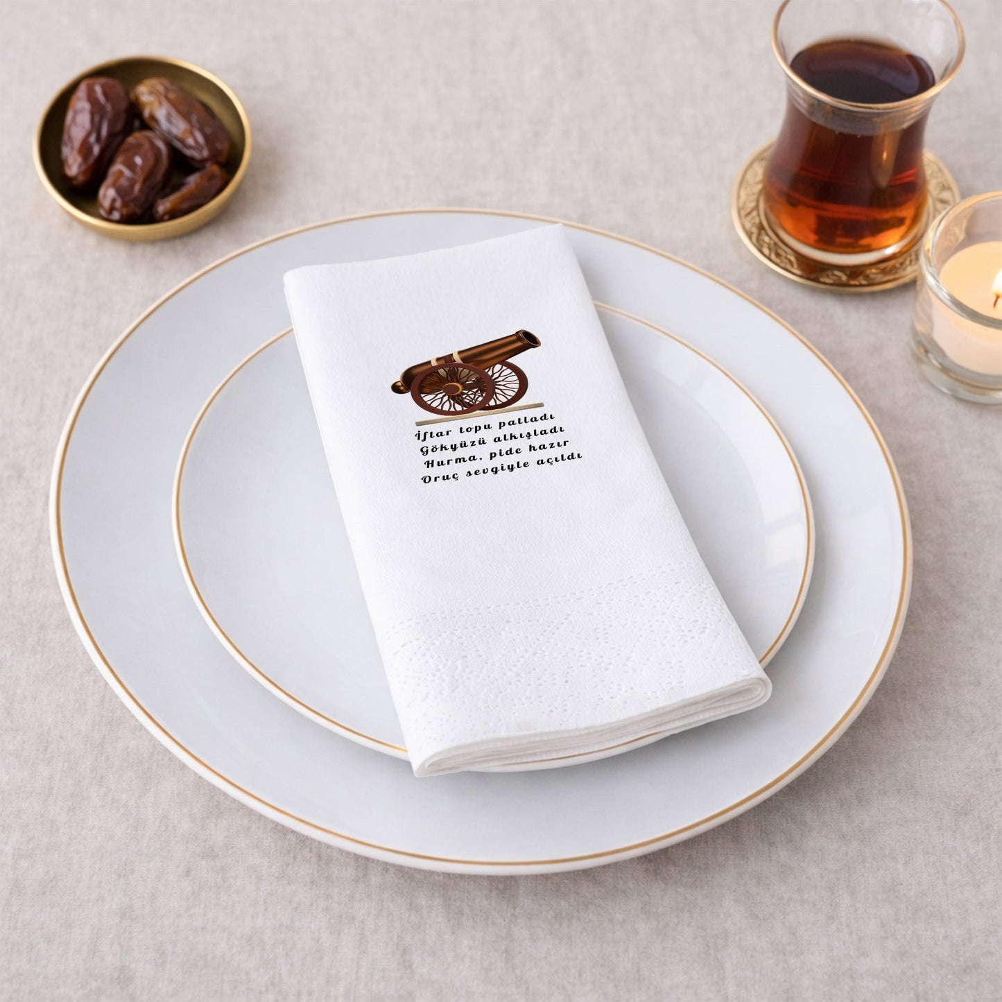 İftar Topu Desenli Mani Yazılı Ramazan Peçetesi – Geleneksel Tasarım | 33x33 cm