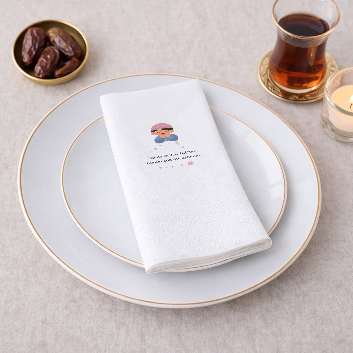 Tekne Orucu Tuttum Baskılı Çocuk Ramazan Peçetesi | 33x33 cm