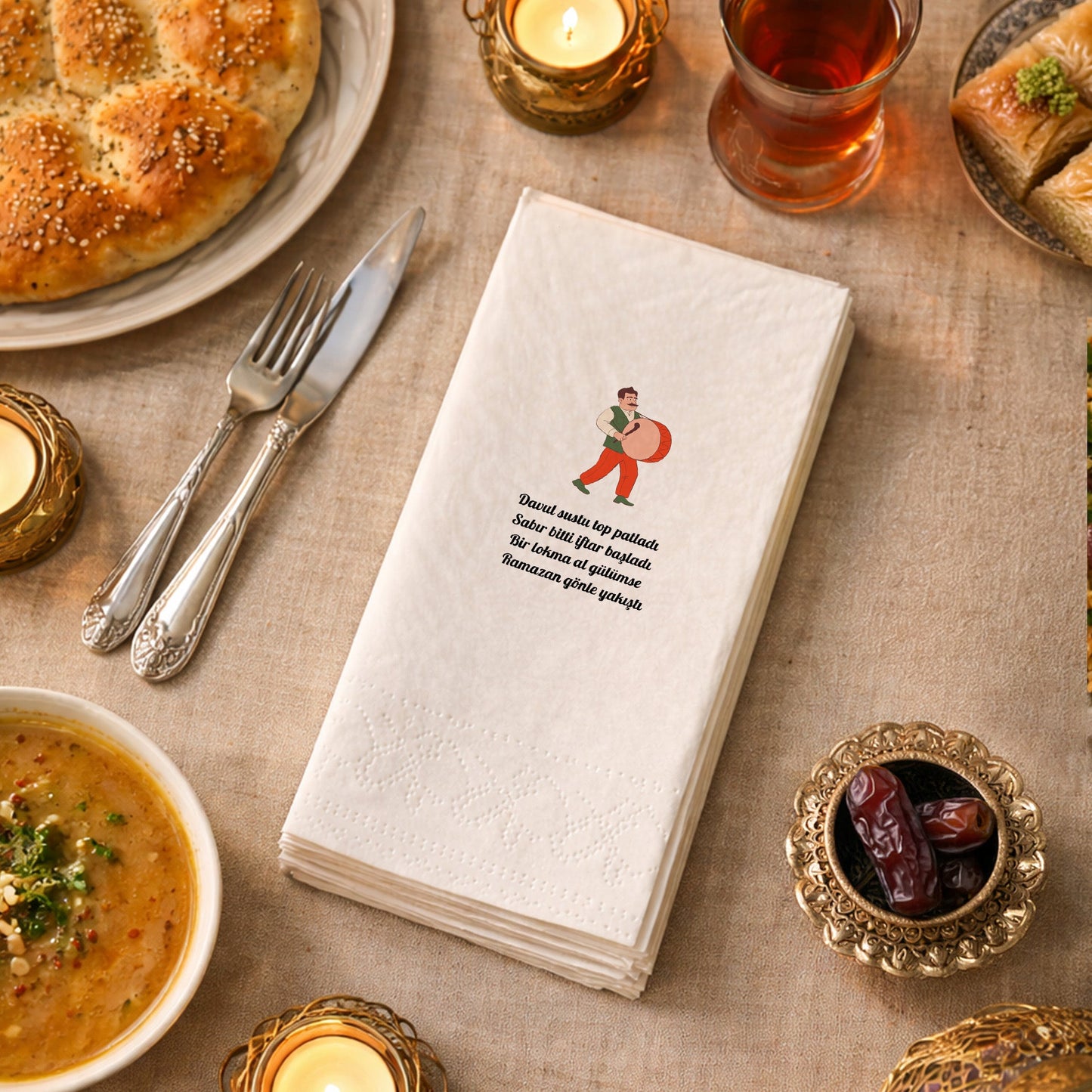 Davulcu Figürlü Yazılı Ramazan Peçetesi | İftar Manili Tasarım 33x33 cm
