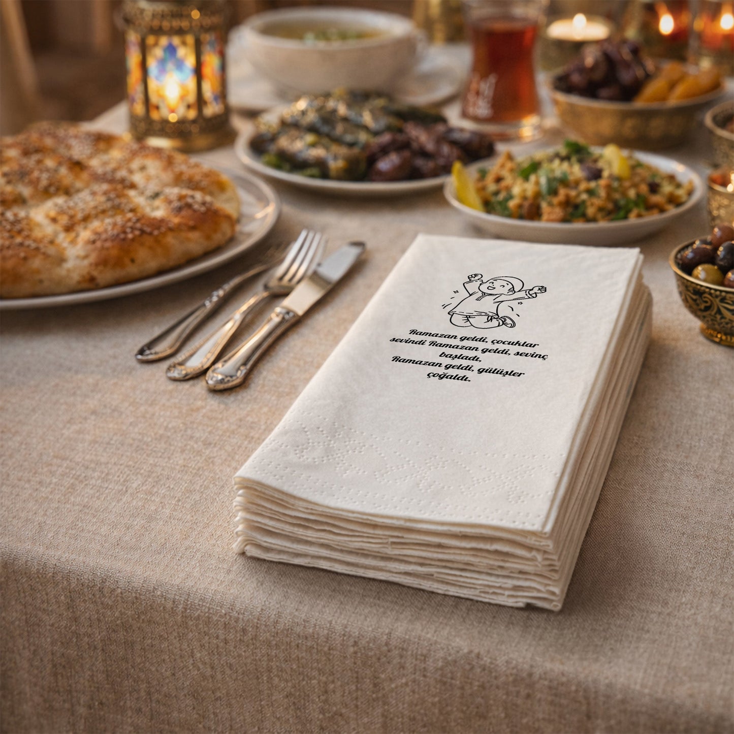 Ramazan Desenli Baskılı Peçete – Çocuk Temalı | 33x33 cm Çift Katlı Selülozik | 5’li & 20’li