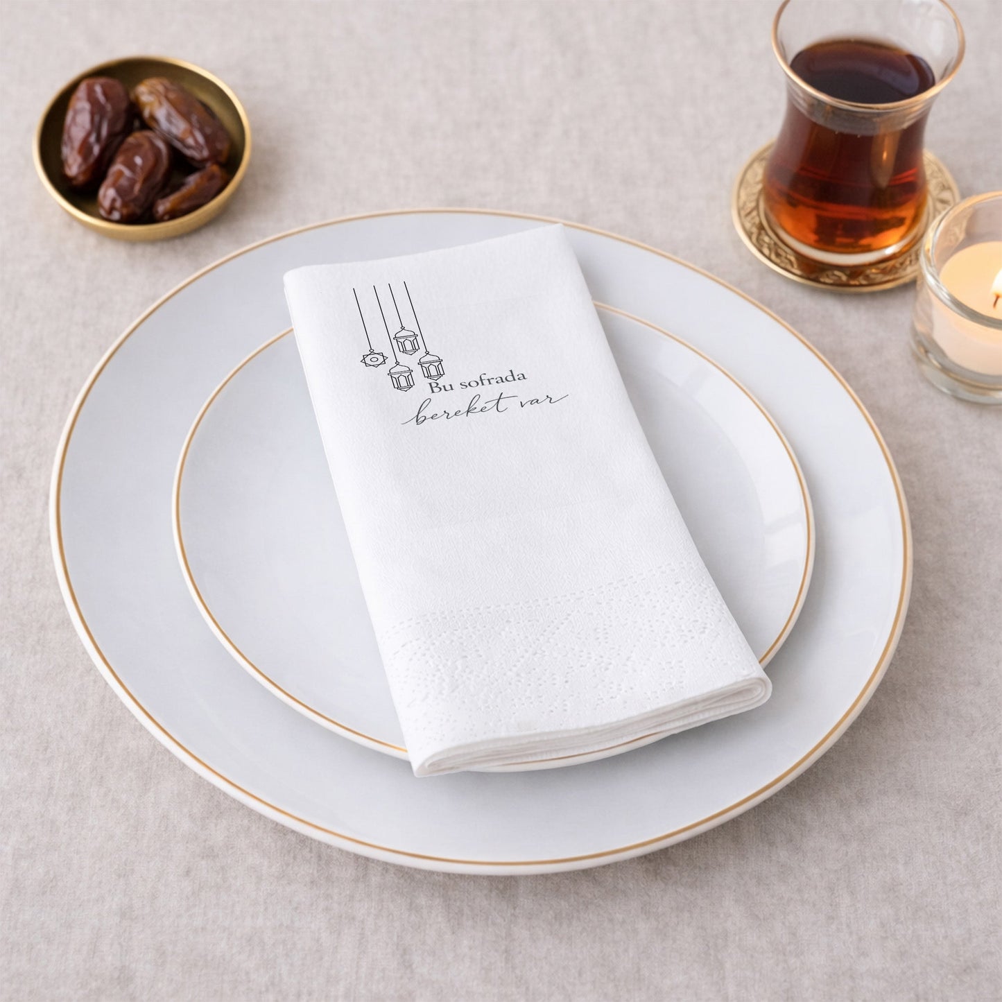 Ramazan Desenli Baskılı Peçete – Minimal Fener Tasarımlı | Bu Sofrada Bereket Var | 33x33 cm