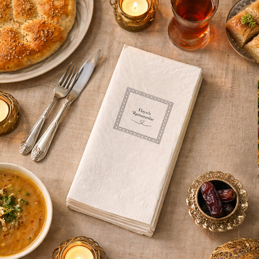 Ramazan Desenli Baskılı Peçete – Minimal Çerçeveli | Hayırlı Ramazanlar | 33x33 cm